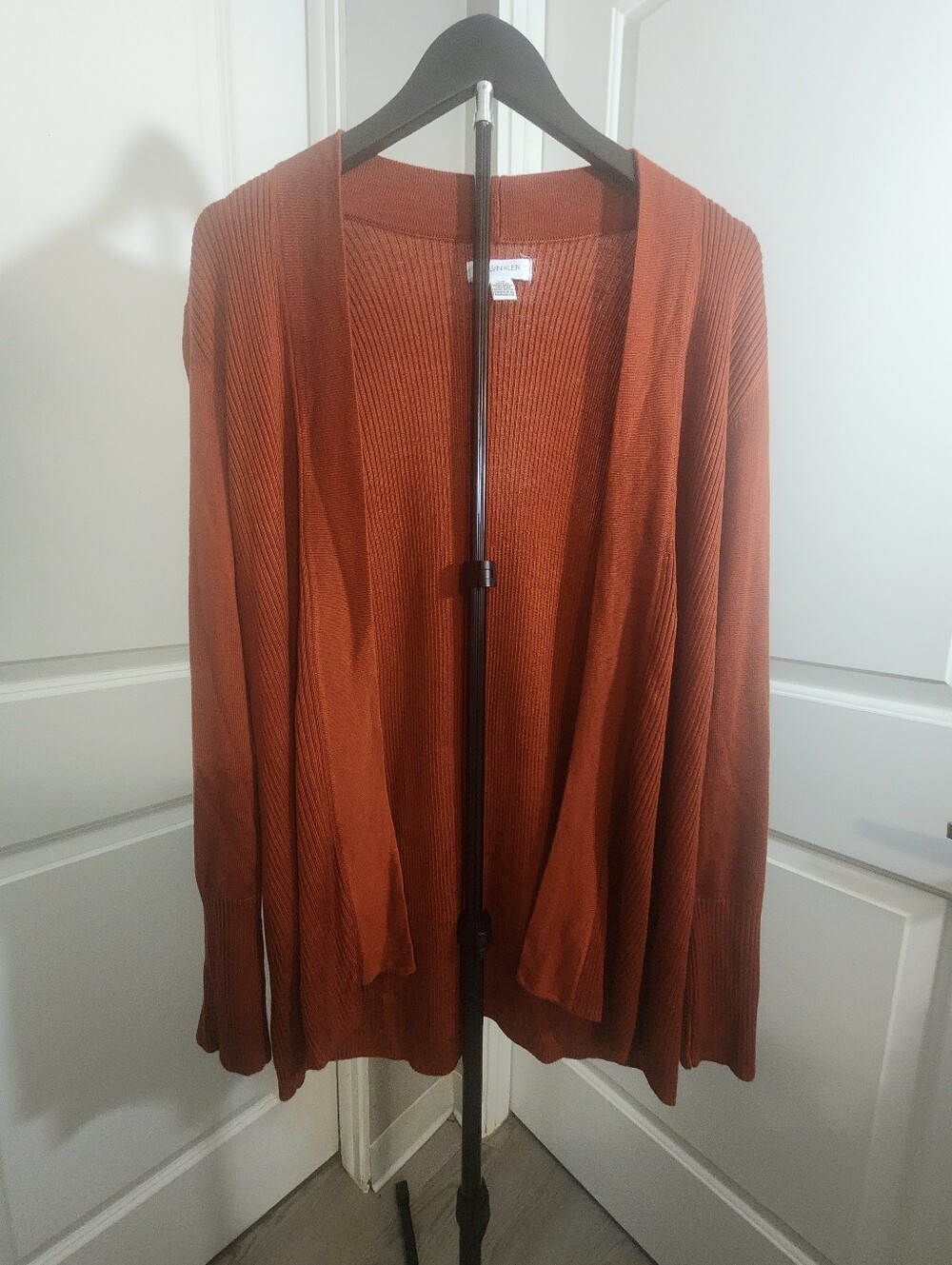 Calvin Klein Rust Burnt Orange Ribbed Open Front Cardigan Sweater Large